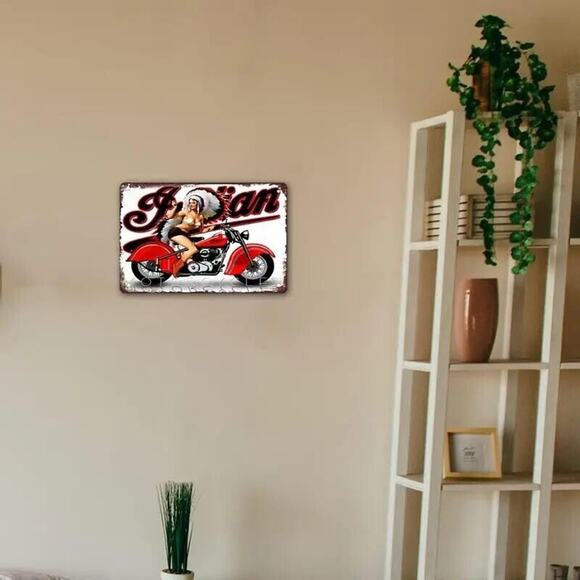 Retro Metal Sign • Bikini Pinup in Chief’s Headdress • Indian Chief Motorcycle - Picture 2 of 10